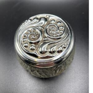 Vintage AVON Glass Vanity Jar with Ornate Silver Lid Vanity Decor 1960s/70s Era